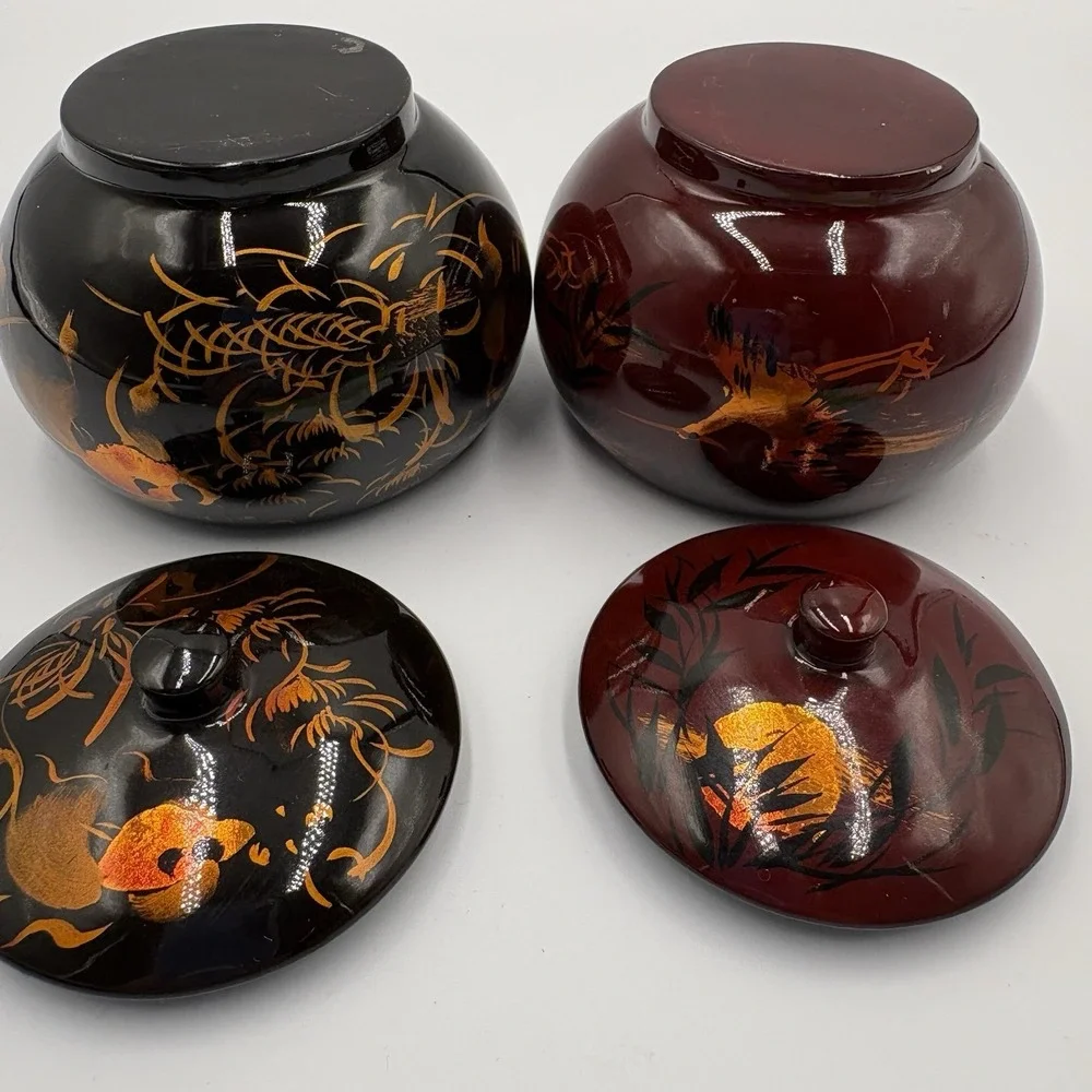 Vtg Asian lacquerware trinket boxes Set Of 2 hand-painted Red Black